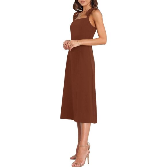 Women's Brown Elegant Square Neck Dresses Split Mid Formal Cocktail Party - Picture 4 of 5